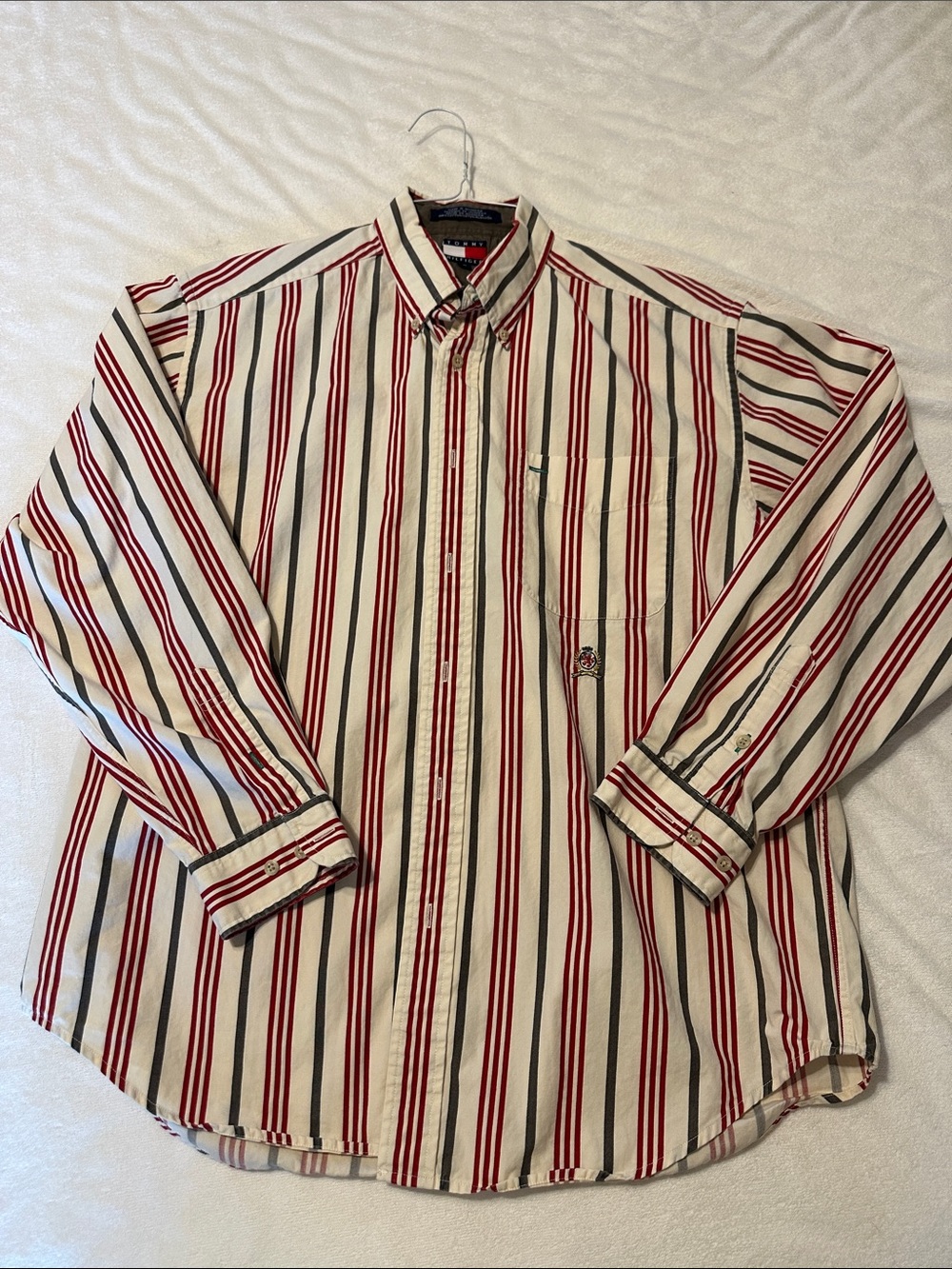 Tommy Hilfiger Men’s Striped Button-Down Shirt in Cream and Red